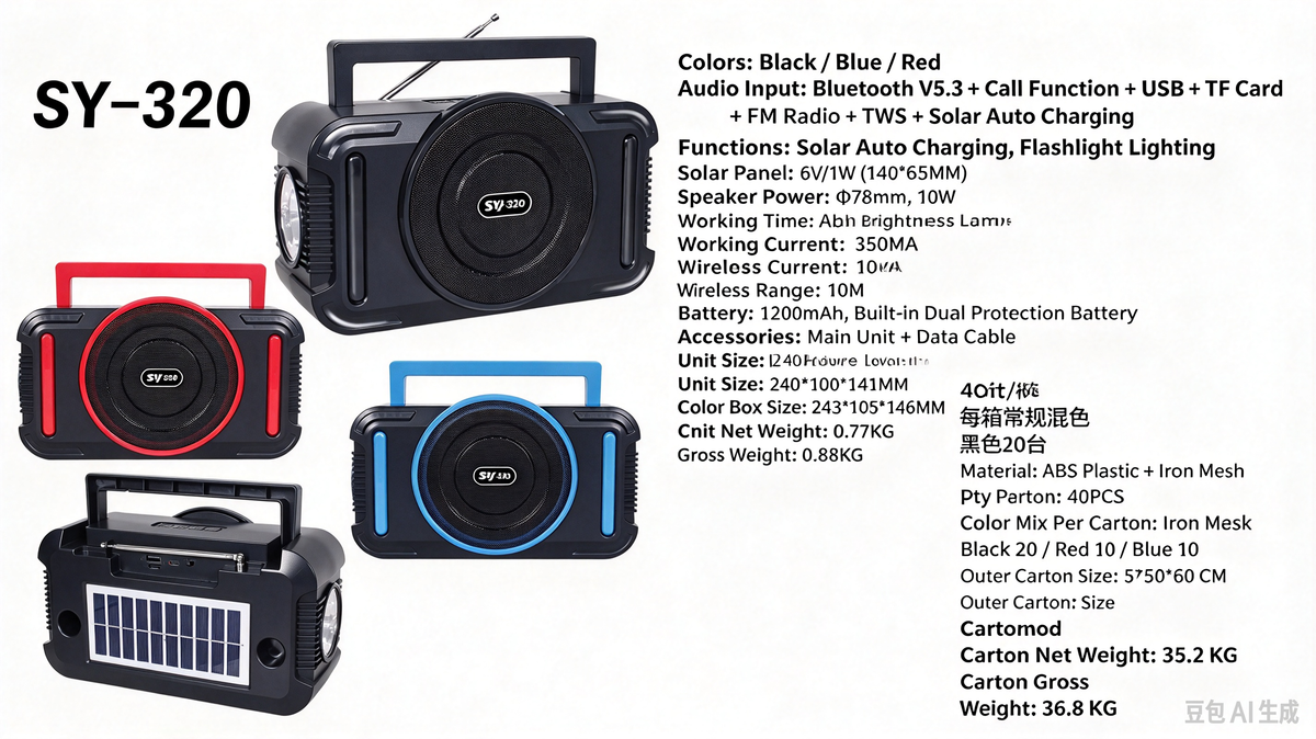 SY-320 Solar Bluetooth Speaker with Flashlight, FM Radio & TWS