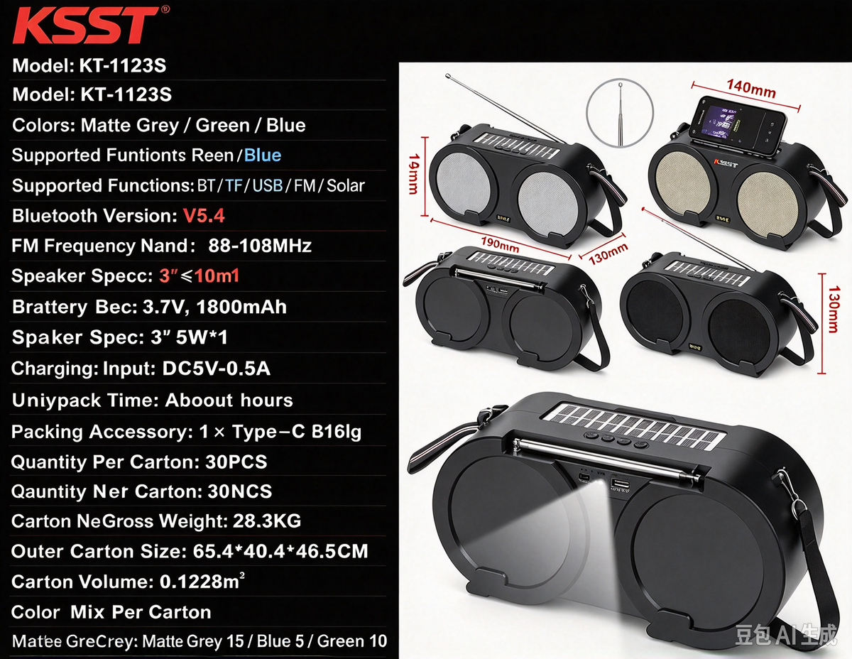 HF-F99 Solar Bluetooth Speaker, FM Radio with 7-Section Antenna, Flashlight & TWS