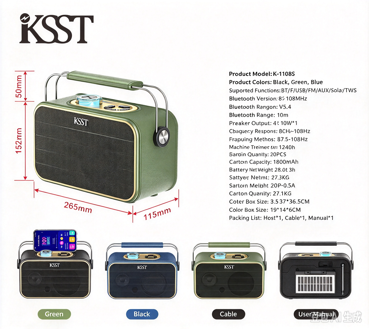 KSST K-1108S Portable Bluetooth Speaker with Solar Charger, FM Radio & TWS Function